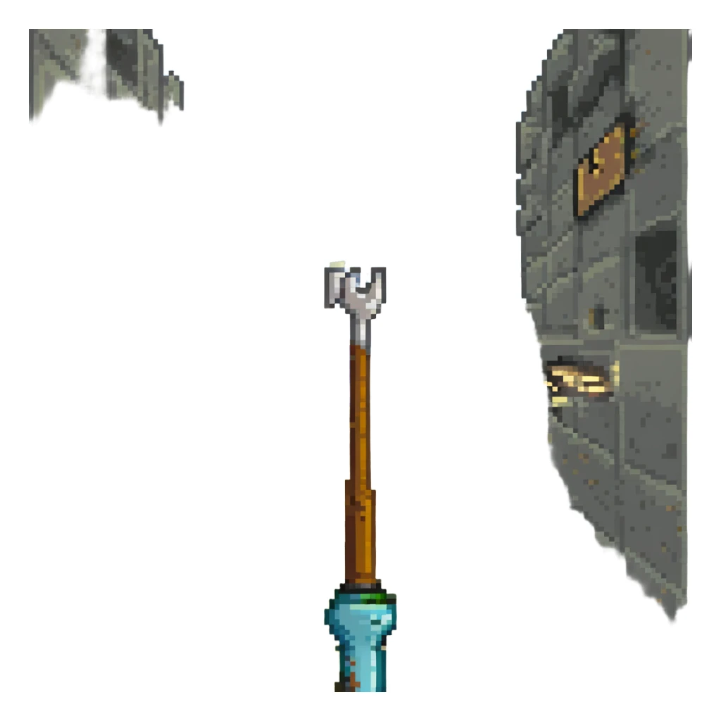 pixel art, Minecraft first-person view, player holding a tool, Spongebob Squarepants visible in the scene, inventory bar at the bottom sticker