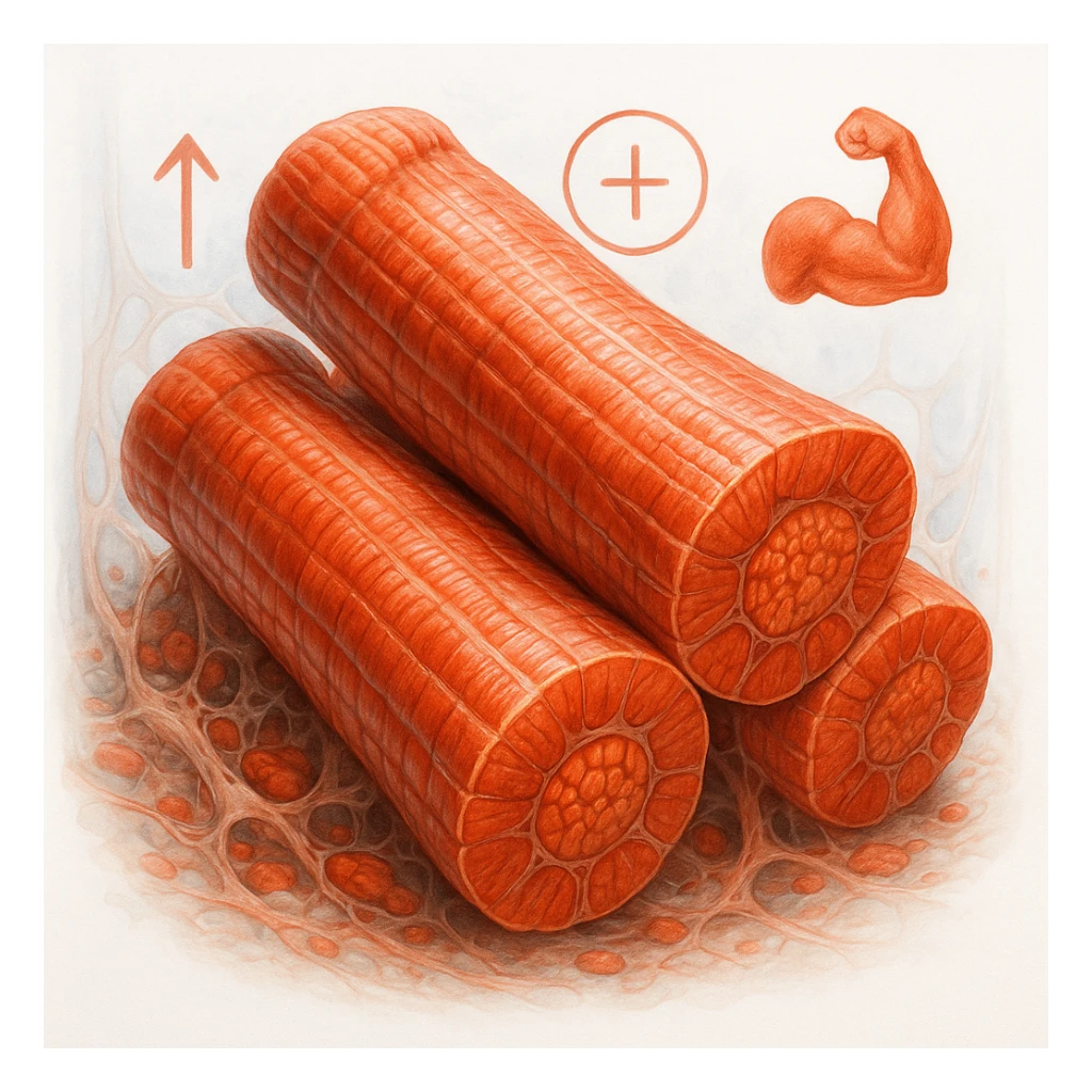 hyper realistic illustration of fast-twitch muscle fibers, high threshold, bulky and highly hypertrophied appearance, cellular details, clinical atmosphere, vivid colors, symbols of growth and power, white background sticker