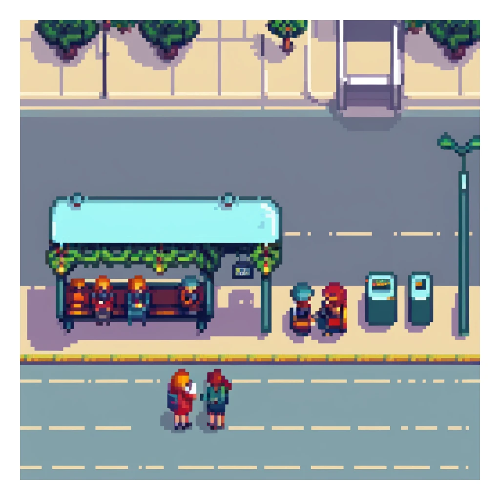 pixel art city bus stop with passengers waiting, bus arriving sticker