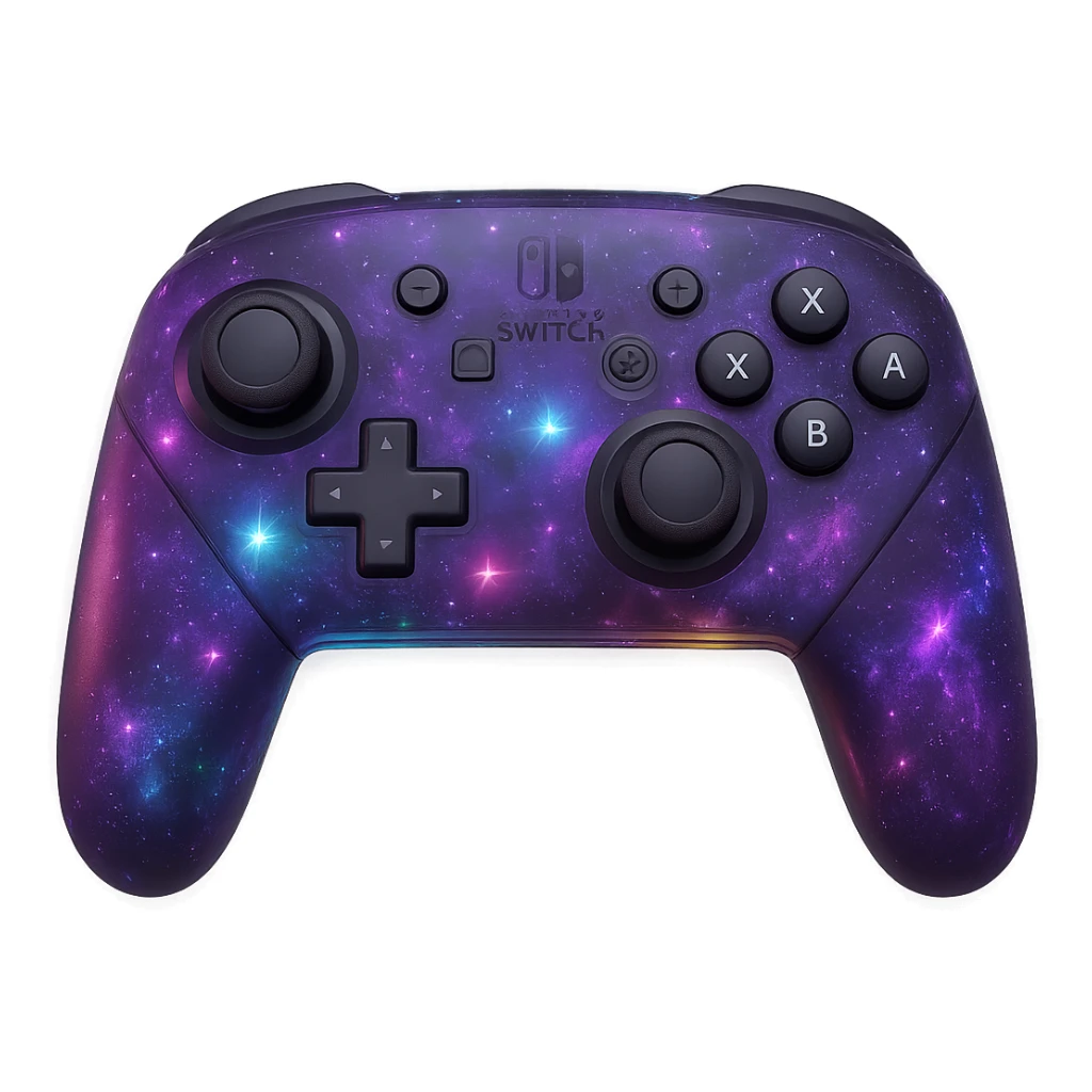 Nintendo Switch Pro controller with a purple galaxy design, RGB glowing stars, dynamic, high-tech vibe sticker