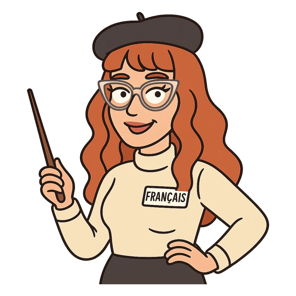 bitmoji style cartoon, redhead woman, long wavy hair, bangs, cat-eye clear-framed glasses, blue eyes, French teacher, with a beret sticker