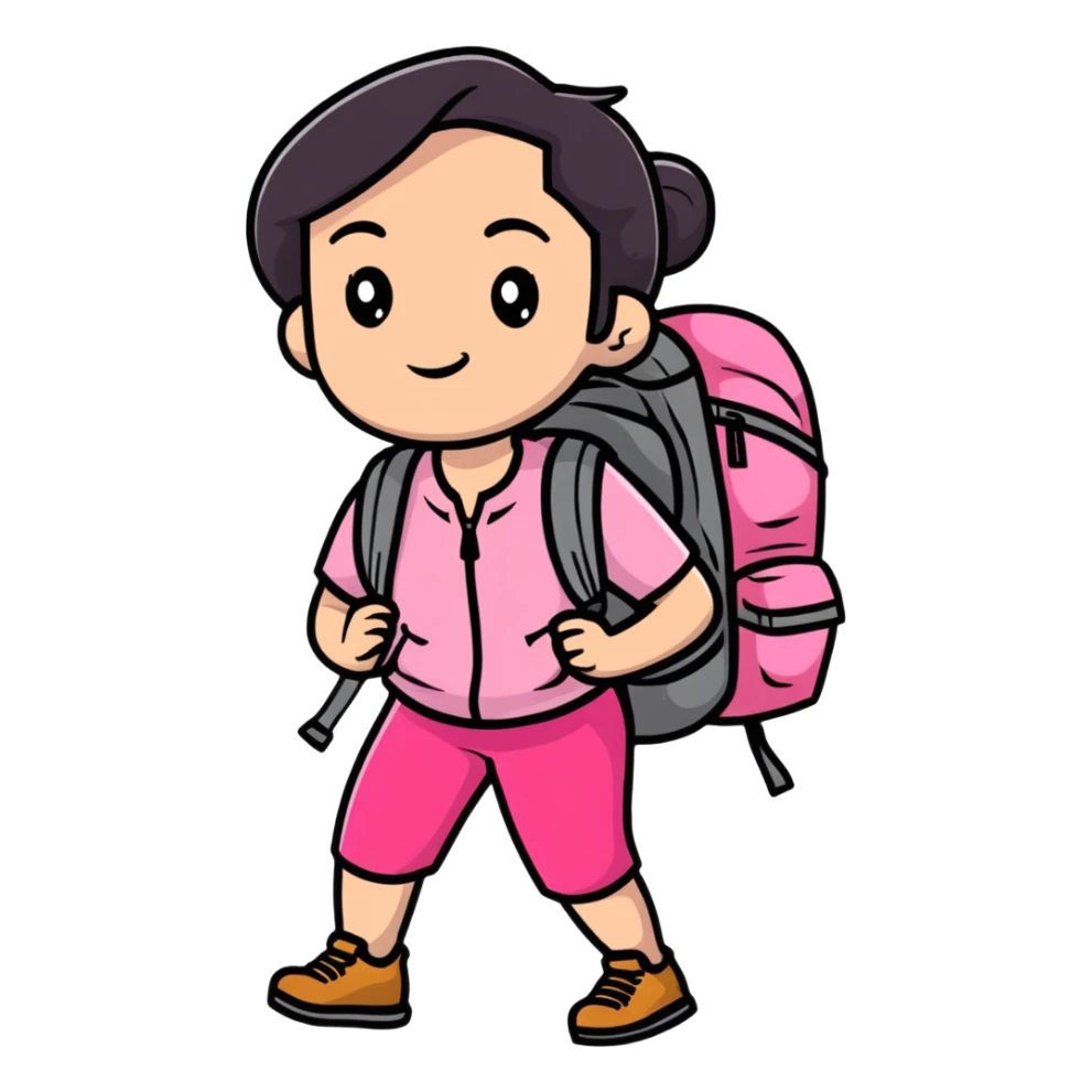woman wearing pink clothes with hiking backpack sticker