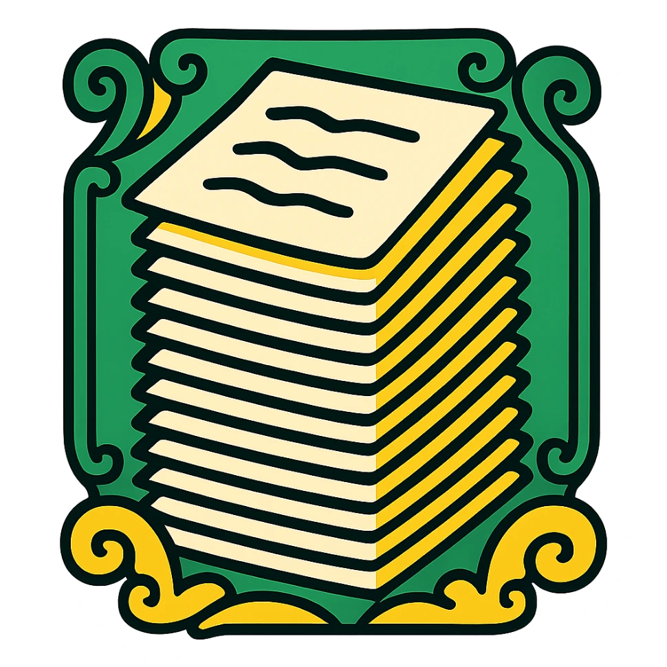 Make the stack of papers taller with a classic look. Use a green, gold, and white color scheme. Include elegant lines and decorative details, with no background. sticker