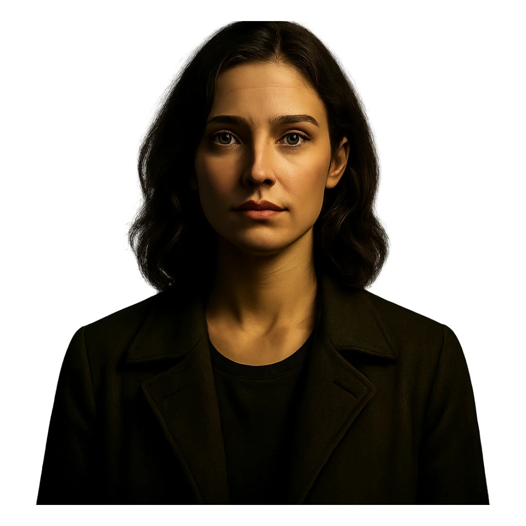 Centered portrait of the same woman with a serene expression, transparent background, in the style of a Netflix series poster, cinematic and dramatic lighting, realistic and detailed. sticker