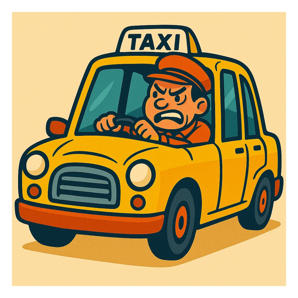 Cabbie in yellow taxi with an angry expression, vibrant cartoon style. sticker