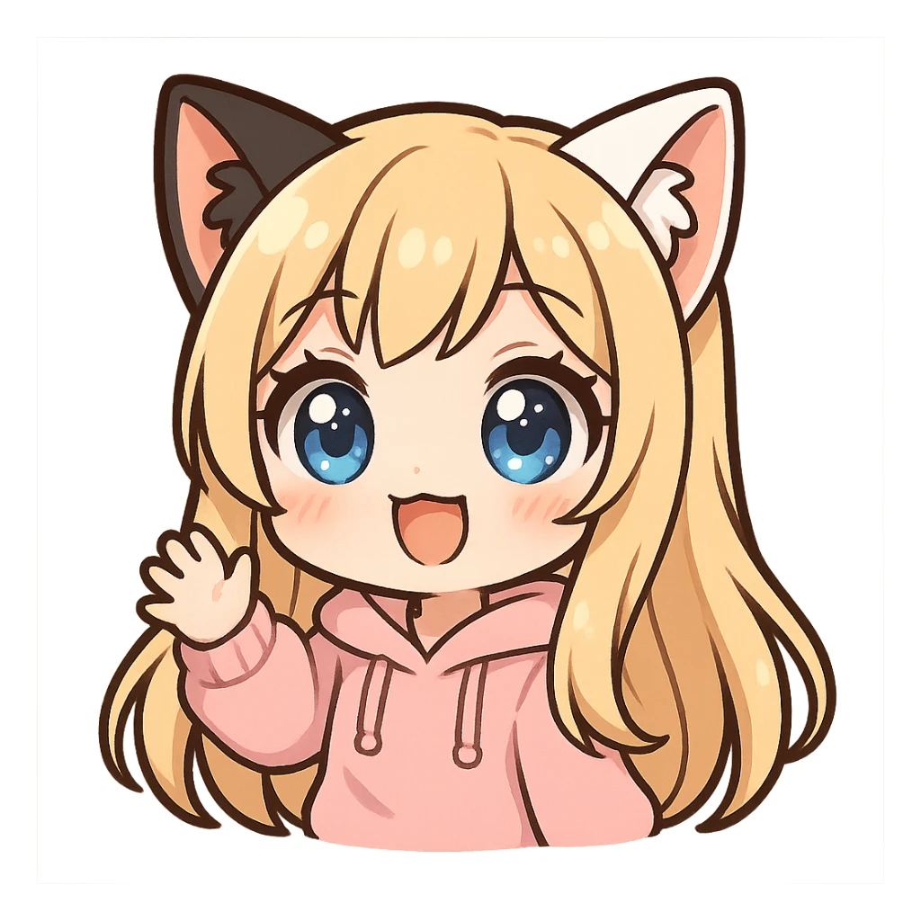 extra cute, extra chibi anime catgirl Twitch emote, one black cat ear and one white cat ear, blonde extremely long hair, blue eyes, white skin, pastel pink hoodie, waving, no background sticker
