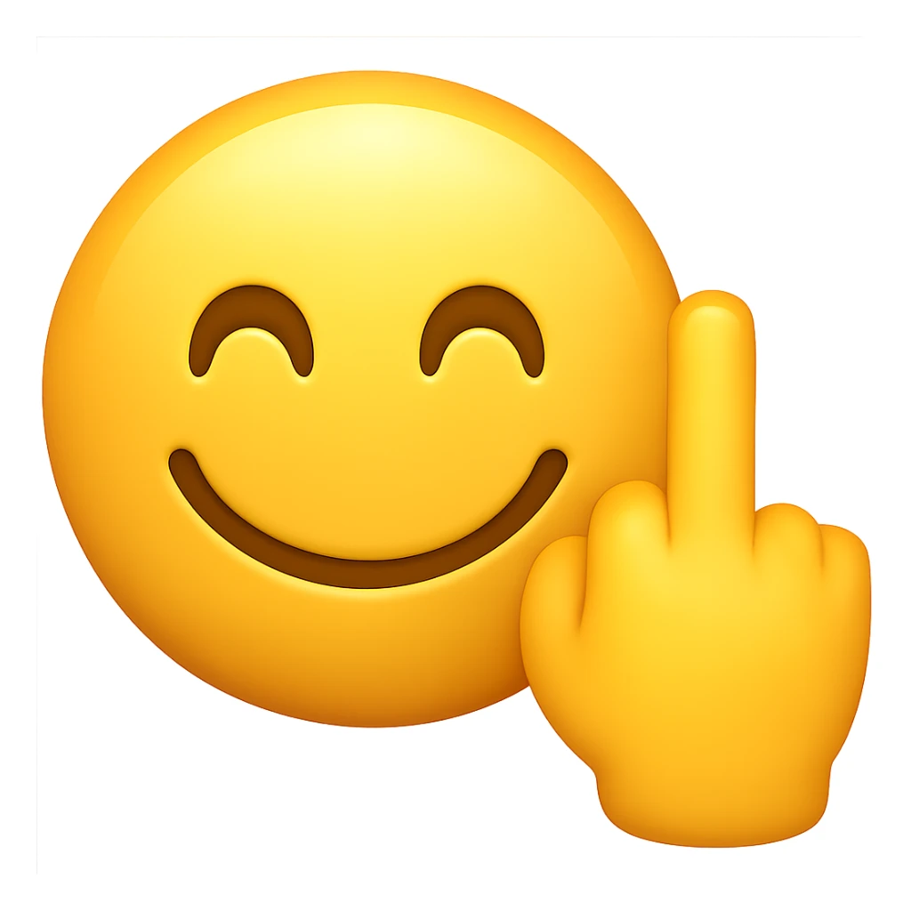 Make the smiley face and middle finger hand look more like a mobile phone emoji, with rounded shapes, glossy finish, and a style similar to standard phone emoji icons, keeping the transparent background. sticker