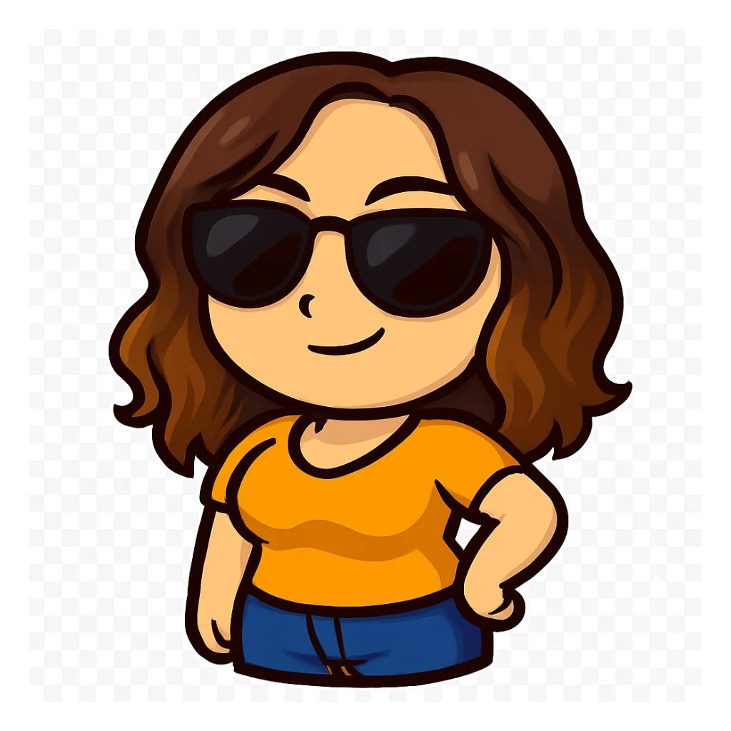 Sticker style chibi emote, matching the attached green heart emote as a base, but with a slightly skinnier body and a bigger chest. Woman from reference, yellow blouse and blue jeans, sunglasses/cool, cute confident face, no headband, no wand, no green heart, transparent background. Top color should not match jeans. sticker