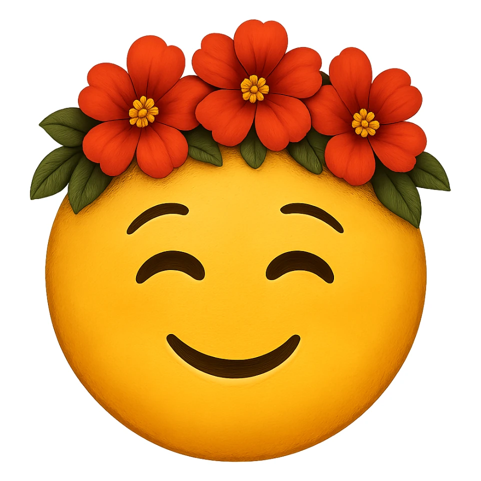 yellow face with red flower crown emoji, digital illustration sticker