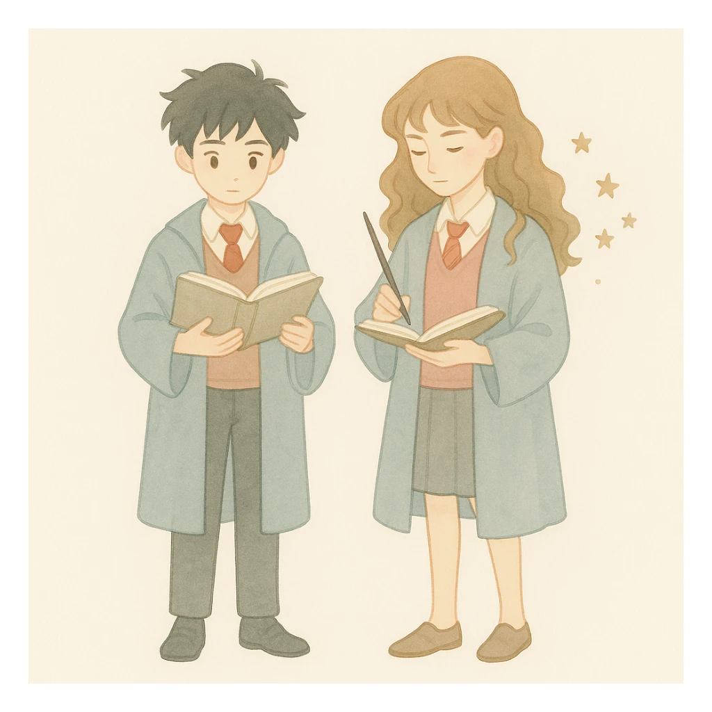 Make the closet more visible and show the boy and girl standing with their full bodies in the picture. Keep the soft watercolor illustration style with pastel colors, delicate linework, a gentle, whimsical mood, anime-inspired features, and minimal, soft shading. sticker