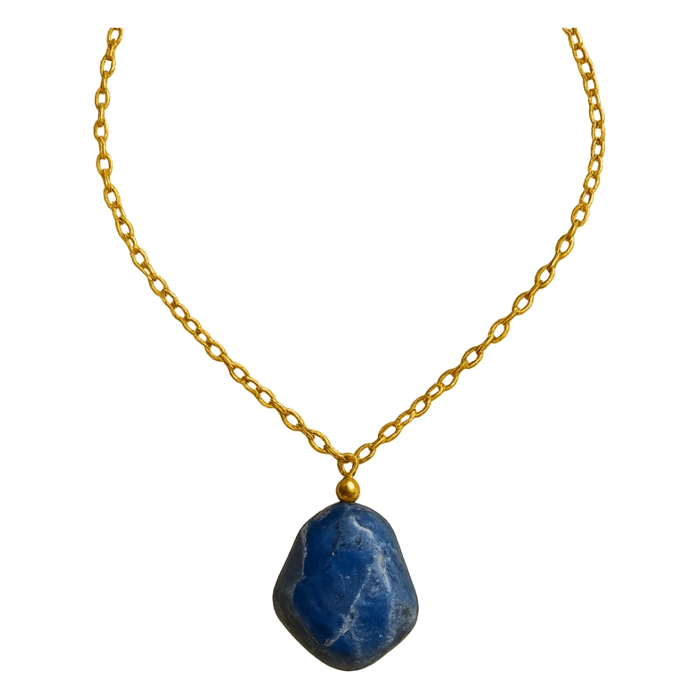 delicate gold chain necklace with an irregular polished deep blue stone, natural white and gray marbled patterns, asymmetrical shape, small metallic bead, raw yet refined earthy elegance sticker
