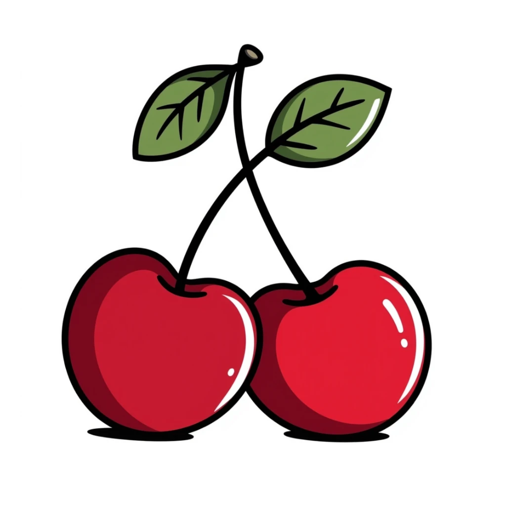 Hand-drawn pair of crimson red cherries with stem and leaves sticker