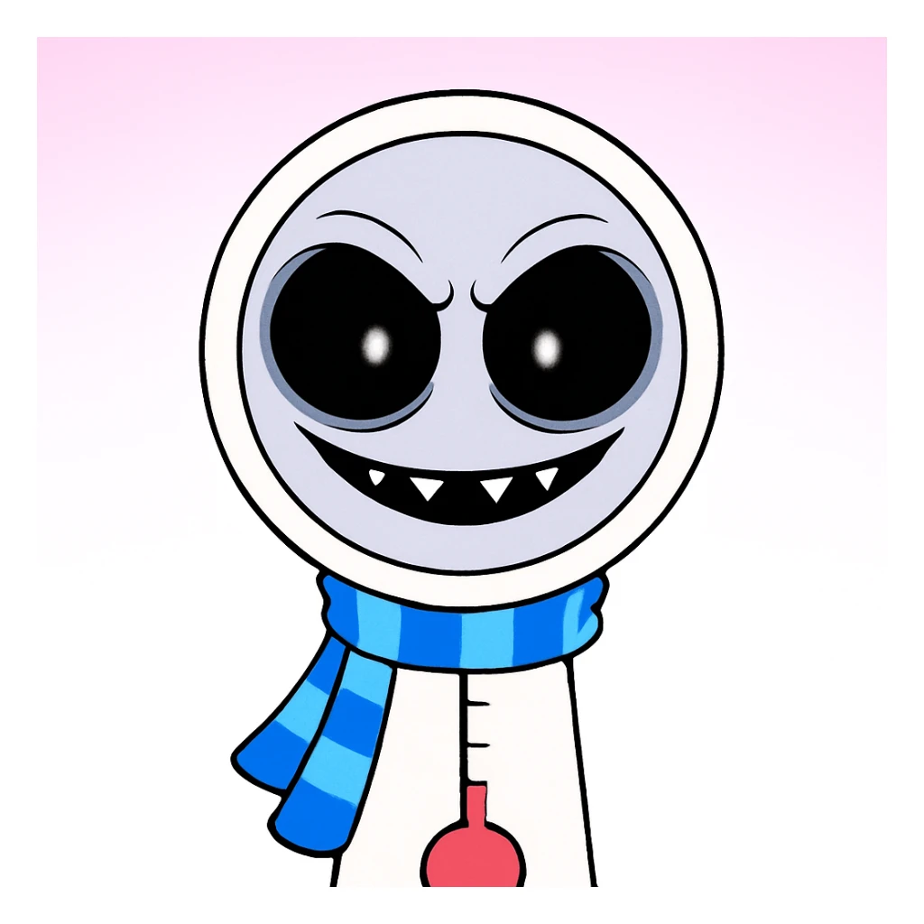 Keep the picture quality and style exactly the same as the original image. Make the eyes and mouth a bit scarier with subtle, slightly creepy changes—such as a more intense stare and a hint of a mischievous grin. No other changes. sticker