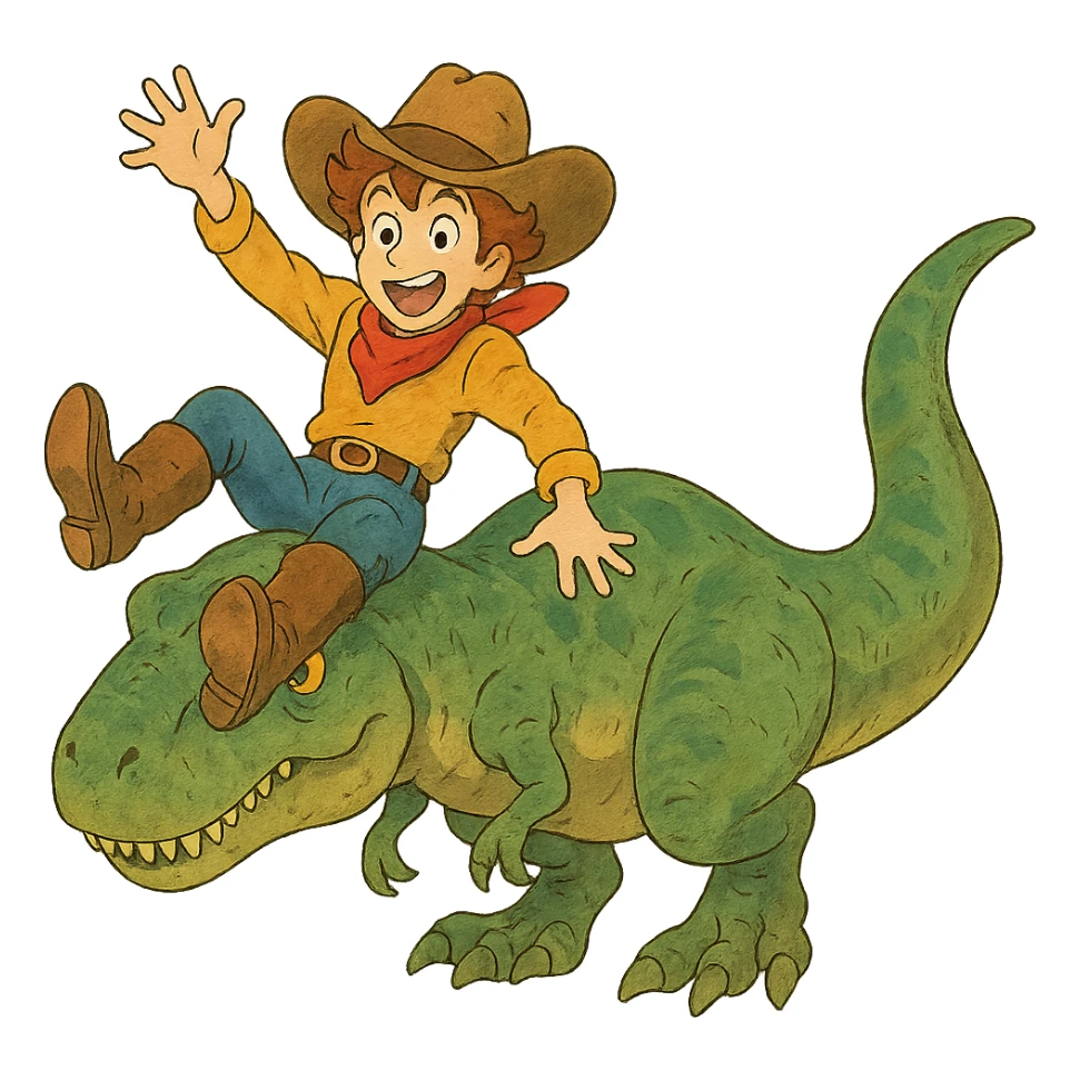 energetic and whimsical cowboy sliding down a t-rex sticker