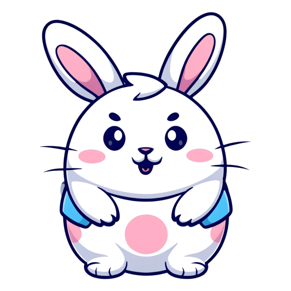 A fat bunny character in Sanrio style like Hello Kitty, large head with big round eyes, blushing cheeks, small mouth, minimal facial features, tiny spikes, pastel pink and blue colors, clean bold outlines, rounded shapes sticker