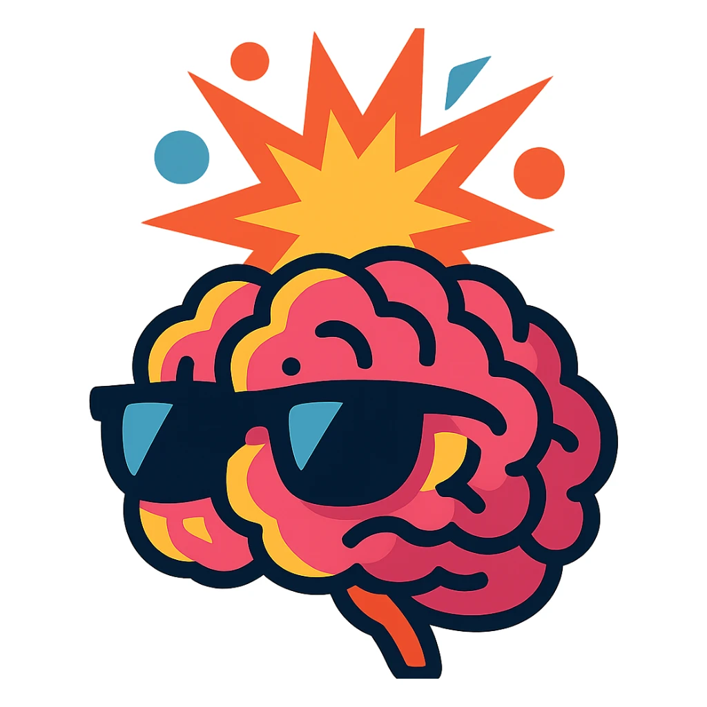 stylized brain with sunglasses, top half erupting in a vibrant, energetic explosion sticker