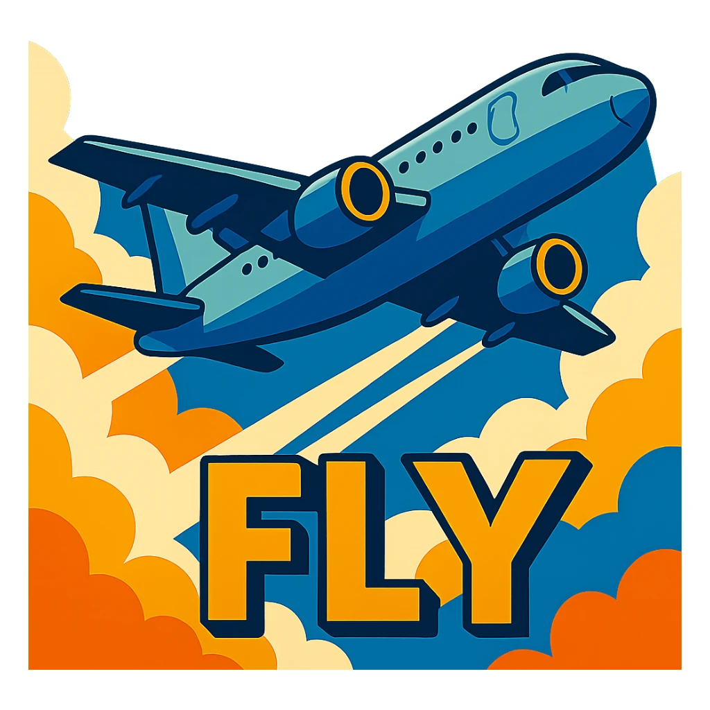 airplane flying high in the sky, emphasize scale and altitude, vibrant toon style, with the word FLY sticker