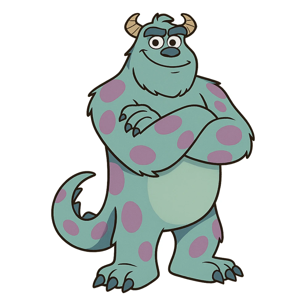 James P. Sullivan Sulley from Monsters Inc, standing with arms crossed, confident, blue and purple, cartoon monster, style matching confident Mike Wazowski sticker