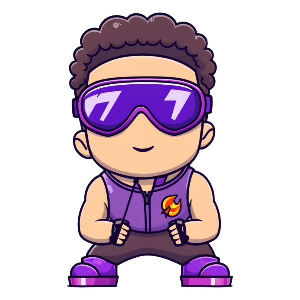 close-up of bad guy male athlete with white skin and moderately curly dark brown hair on top with shaved sides, wearing ski goggles with purple frames and very dark black lenses, a simple plain black chain necklace, and a completely unzipped sleeveless vest with purple and black sequin fire pattern design with no logo, with an extremely arrogant expression sticking his tongue out mockingly, looking menacing and villainous sticker