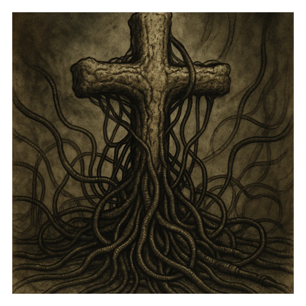 an organic cross with cables and wires, Giger-inspired, surreal and dark sticker