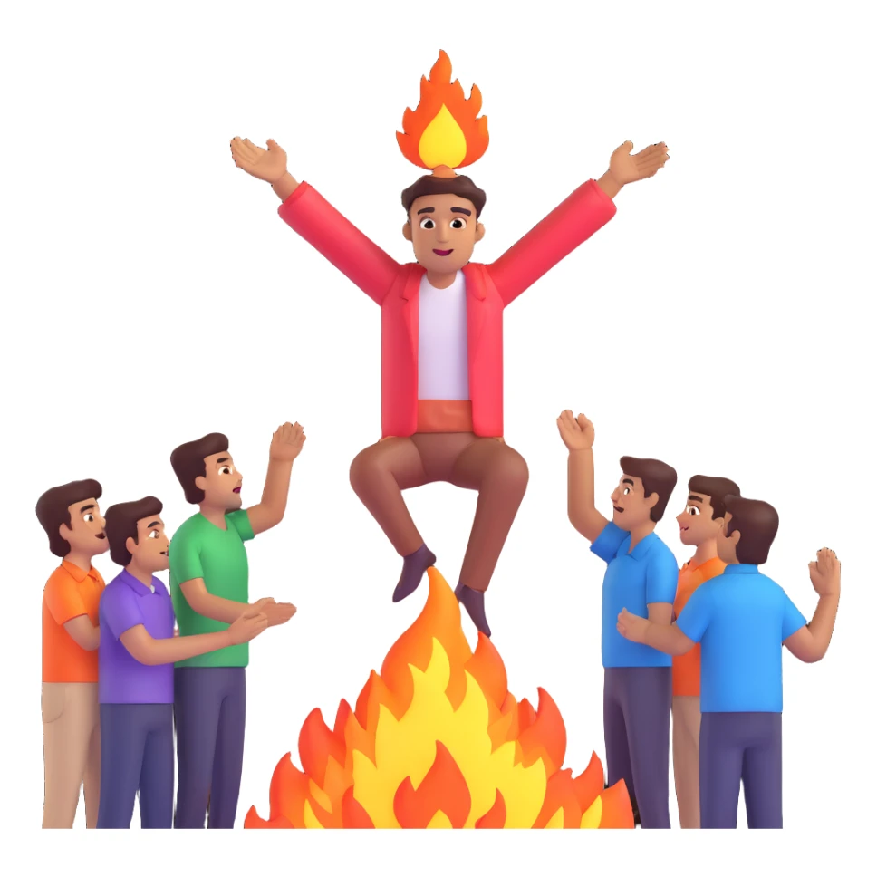 emoji showing Rakesh as a god-like figure radiating power and fire, holding a 1 lakh reward, standing above five team members worshipping or admiring him, representing his promotion to COO sticker