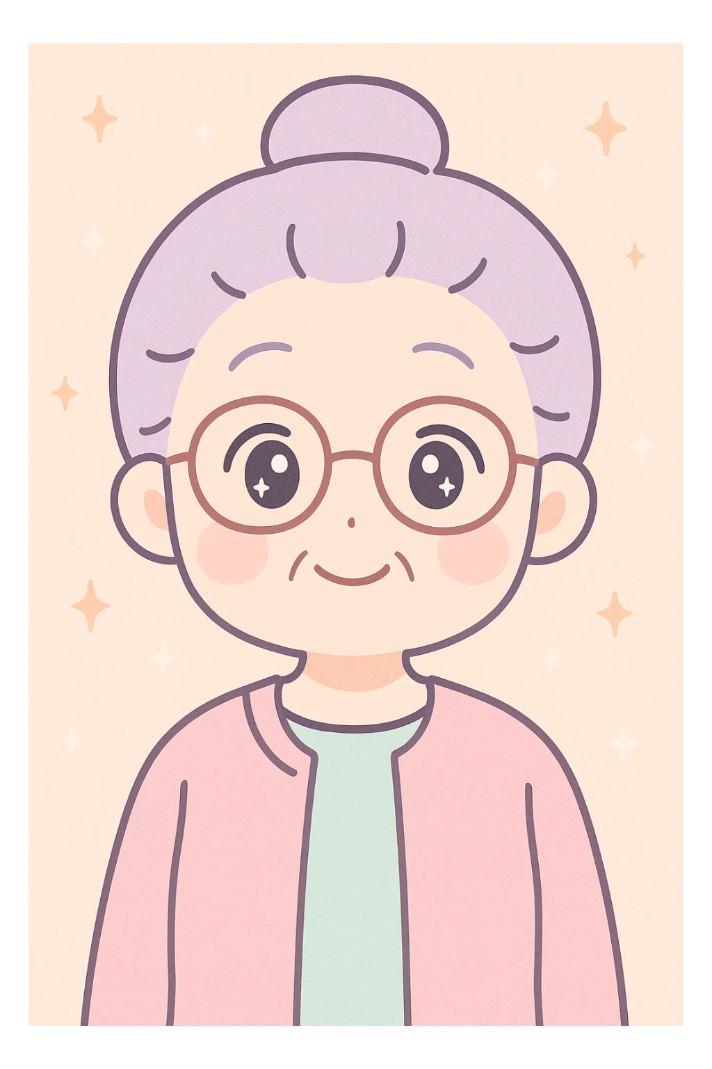 anime style older woman with glasses, friendly expression, simple background sticker