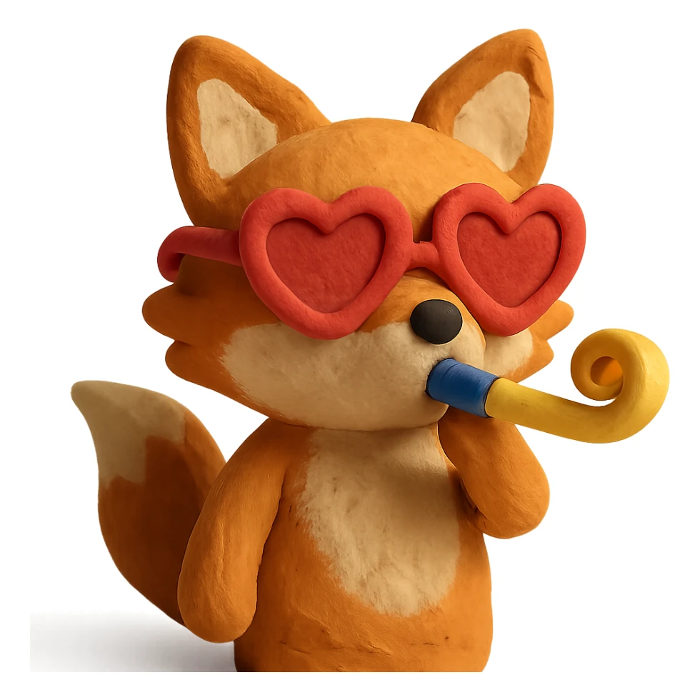 baby fox with heart glasses blowing party horn in claymation style sticker