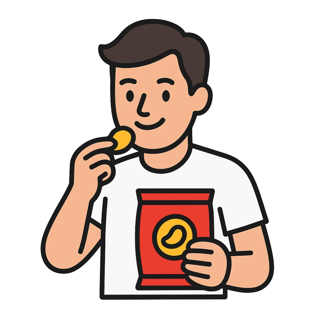 man eating chips, more white, smiling a little sticker