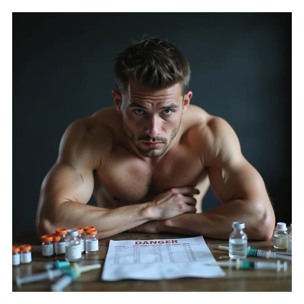 realistic beginner bodybuilder risking big due to dosage errors, surrounded by syringes and vials, chart with wrong doses and danger signs, anxious expression, tense atmosphere, isolated on white background, 4K quality sticker