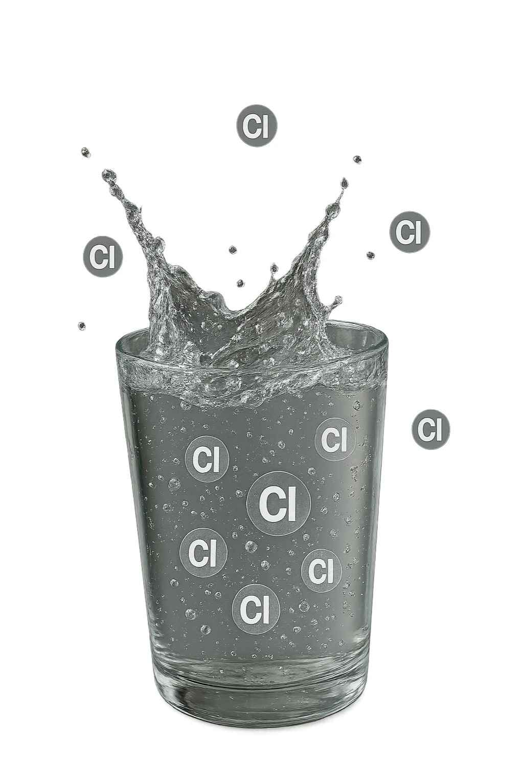 un bicchiere di acqua cade verticalmente dall'alto realistico e dettagliato, dentro l'acqua del bicchiere ci sono particelle di cloro ben visibili con la scritta "Cl" sopra, ci sono particelle anche che escono dal bicchiere e fluttuano in aria verticalmente, mentre alcune sono all'interno dell'acqua nel bicchiere, iperrealistico 4k sticker