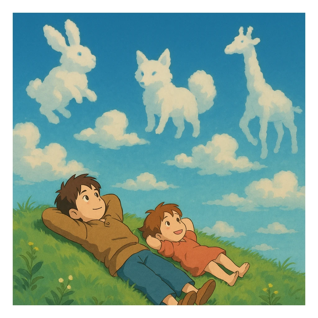 Two siblings lying on a grassy hill, gazing up at drifting cloud animals. sticker