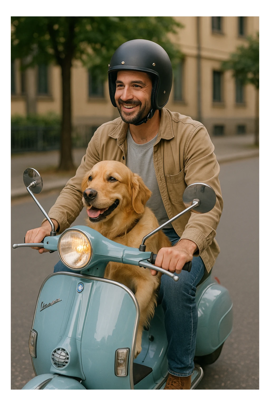 man and his pet dog riding a vespa sticker