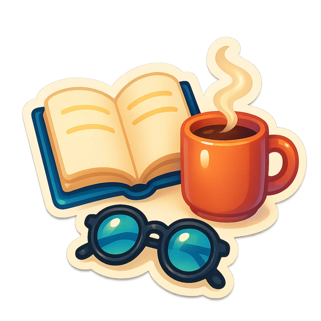 book, coffee cup, and glasses arranged together as a cozy reading scene, retro stickers style, clear outlines, strong shadows and highlights, fun and not too complex sticker