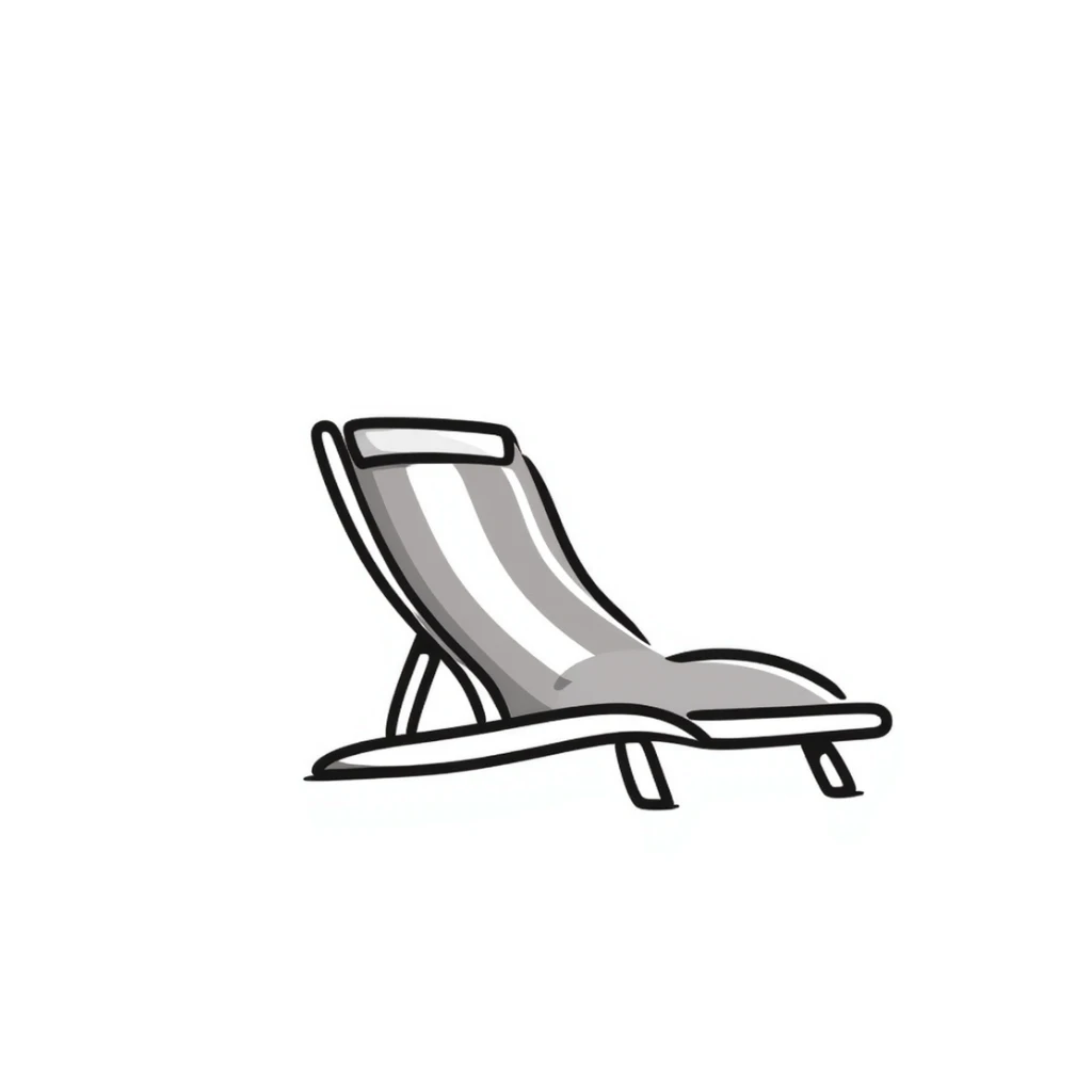 A beach lounge chair/deck chair in pastel colors (dd9fb0, ffc6d3, a3bfc9, c4bee2, f1b091), hand-drawn doodle style sticker