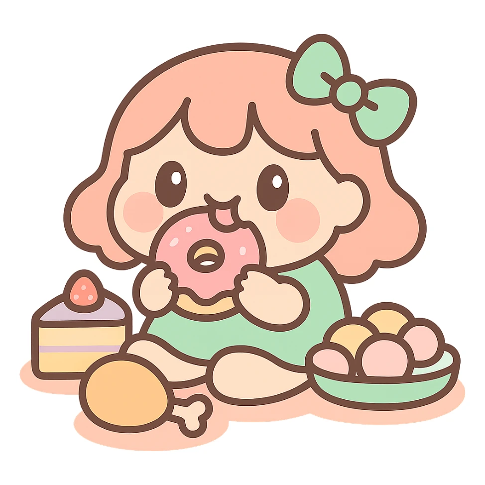 anime style icon representing gluttony, with a character eating or surrounded by food sticker