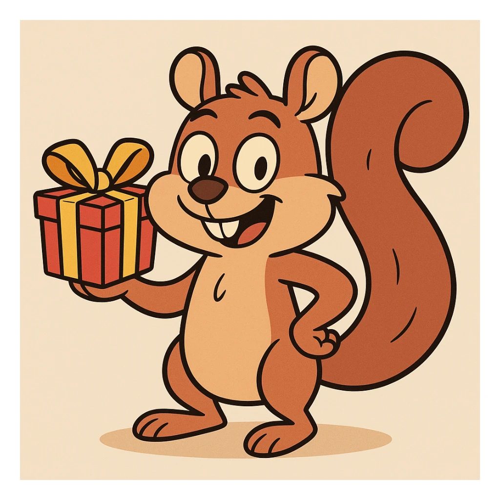 fun, friendly squirrel holding a gift with one hand, cartoon style, playful and cute sticker