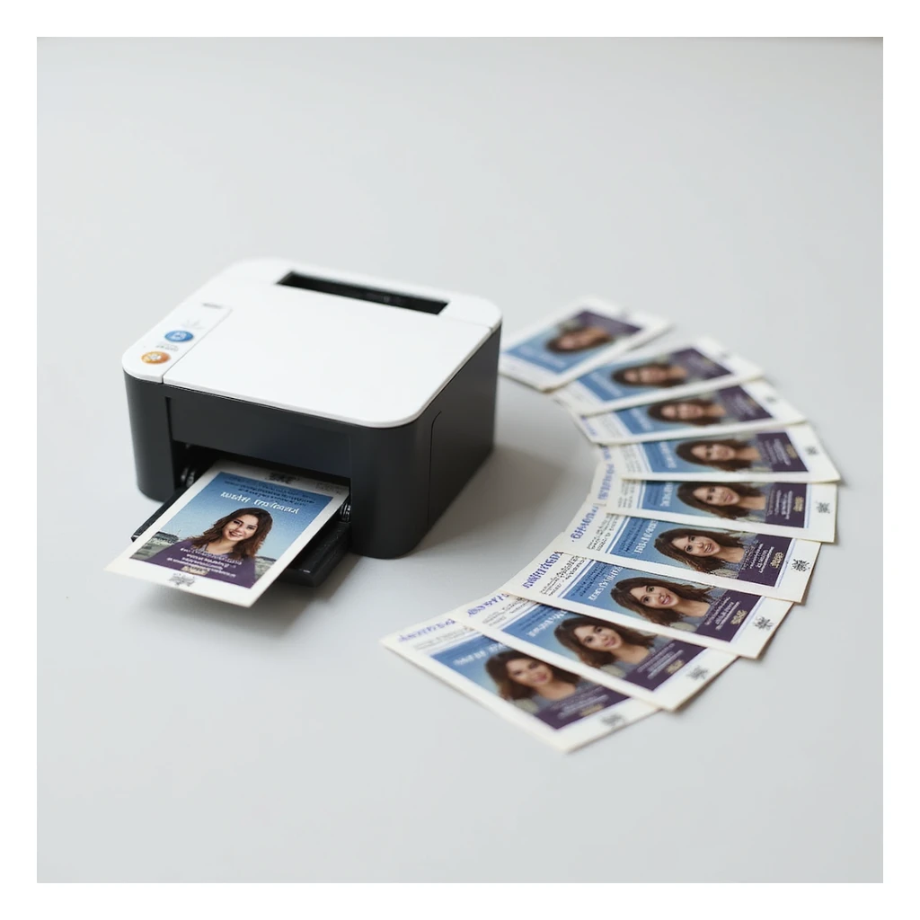 realistic thumbnail for a passport size photo printing service, with a printer and a wide array of printed passport photos arranged in a fan shape beside it, on a clean background sticker
