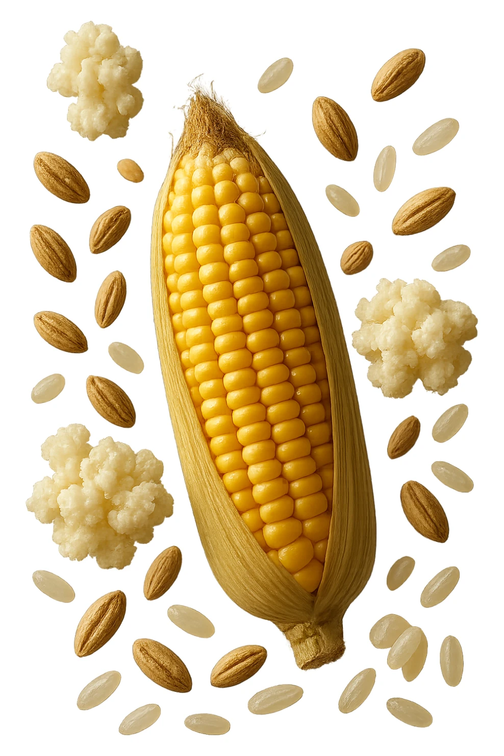 MAIS, FARRO, RISO, KEFIR FLUTTUANO IN ARIA, IPERREALISTICO 4K sticker