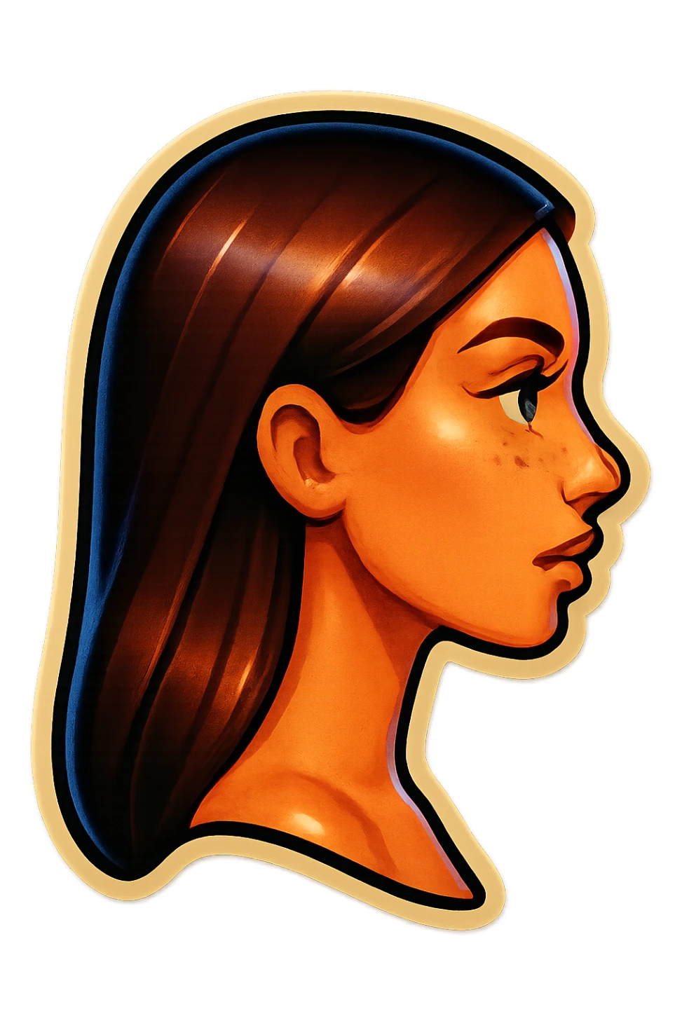 Create a side view (profile) of this woman's head, matching the same cartoon emoji style, with long dark hair and similar facial features. Variant 3. sticker