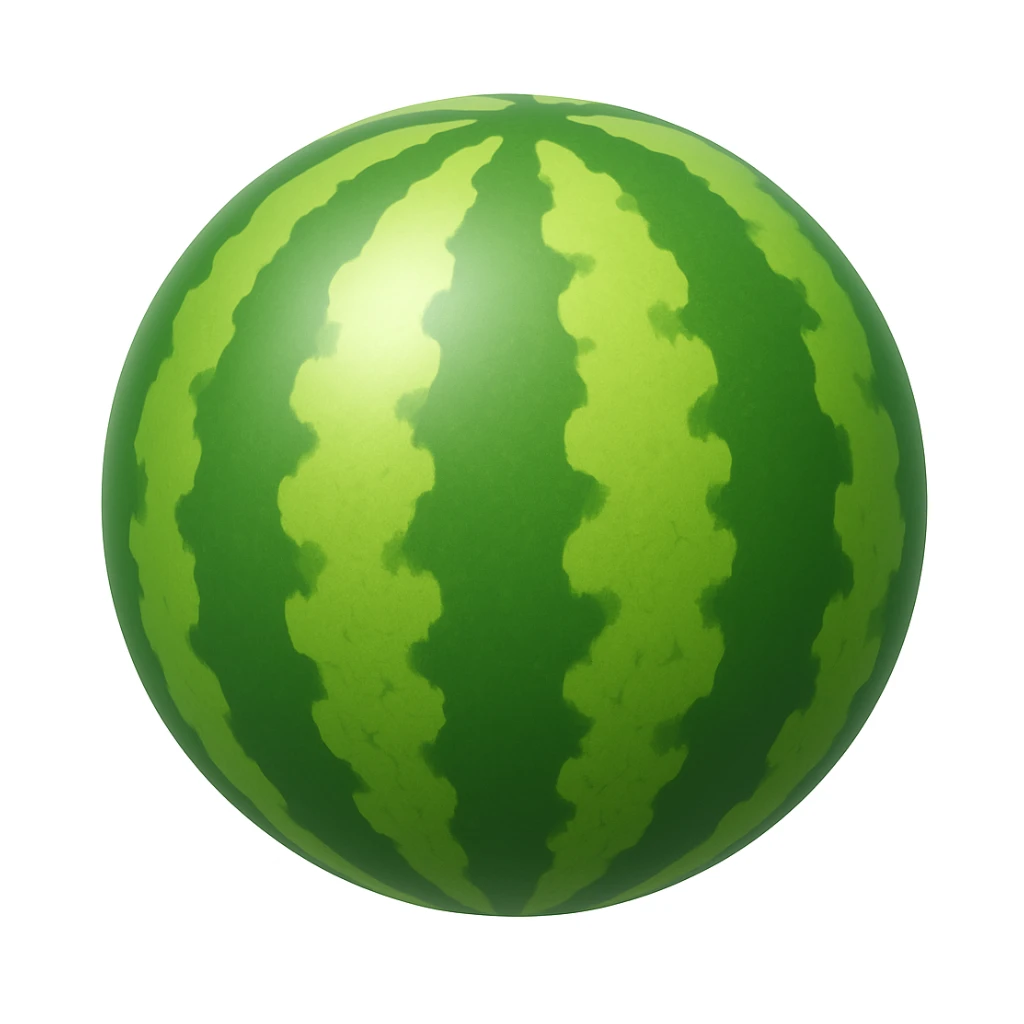 Create a watermelon emoji that looks exactly like the reference image (ignore the crocodile) in the style of iOS emojis. The emoji should have a 3D appearance with shiny, smooth gradients, soft shadows, and a realistic watermelon texture, capturing the classic emoji look. Add a subtle highlight to the rind. sticker