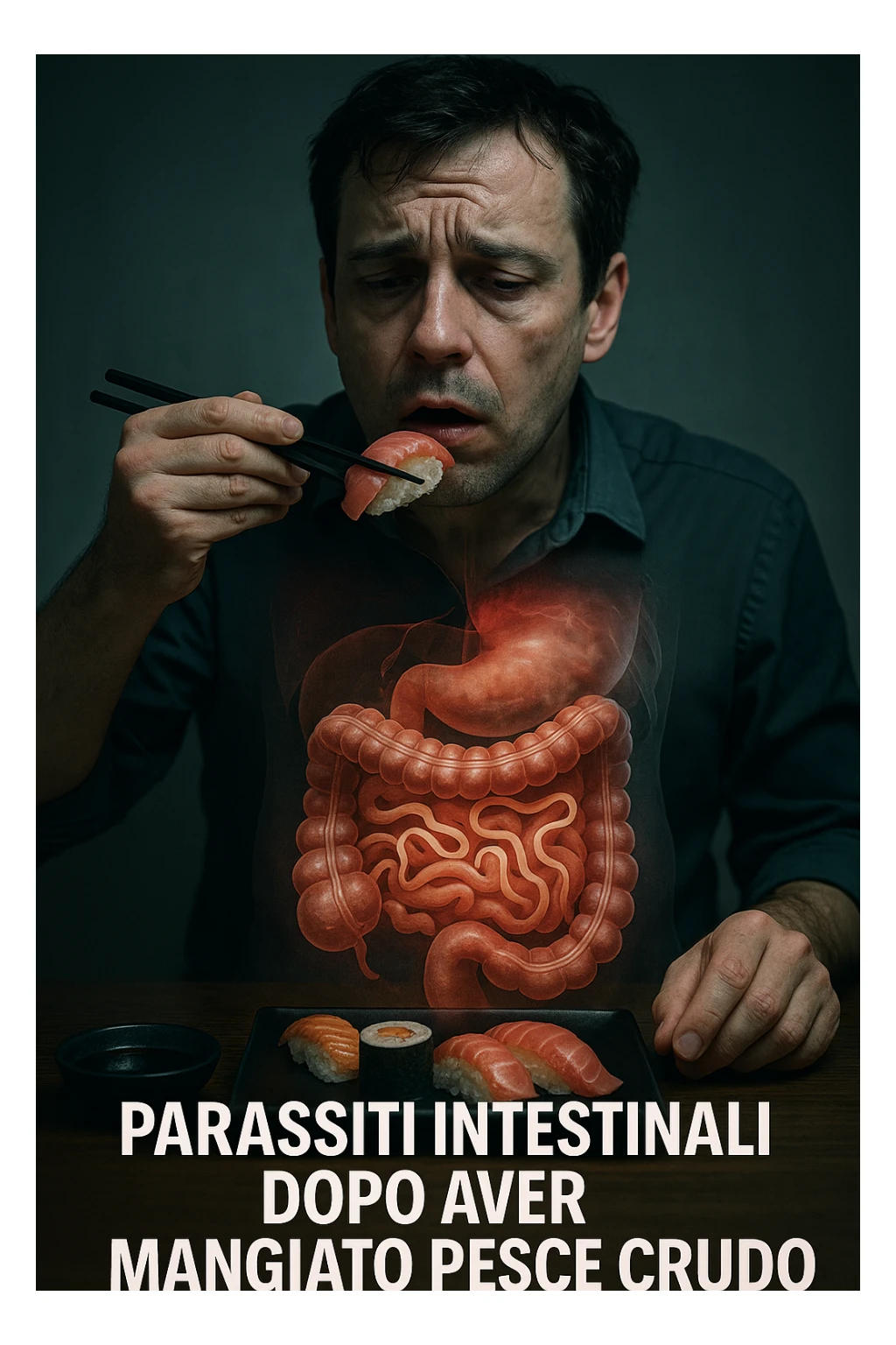 vertical realistic cinematic image of a man eating sushi and raw fish, with a transition showing the appearance of intestinal parasites and early symptoms of illness, clinical dramatic lighting, Italian captions, aspect ratio 2:3 sticker