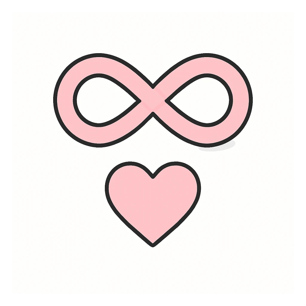 pink infinity symbol with shadows and highlights, simple heart shape below the infinity, same style as the second reference, flat pink gray style sticker