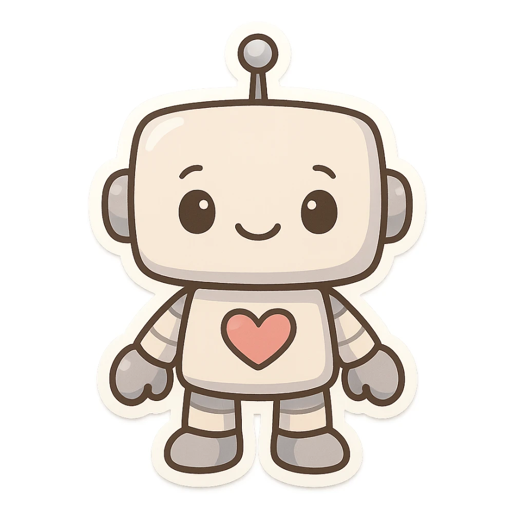 chibi style robot with a heart on its chest, friendly expression sticker