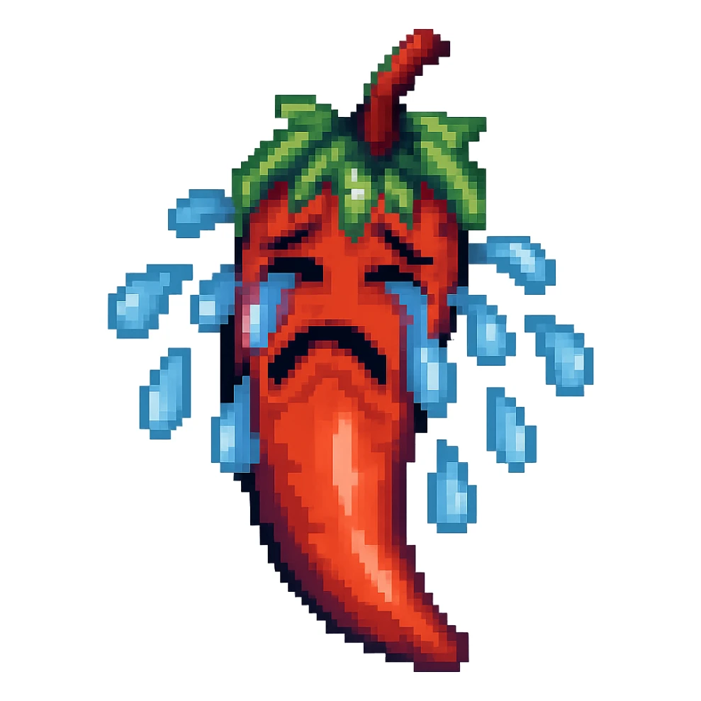 Add more large blue tears to the crying chili pepper, keep the background transparent. The style should resemble the original chili pepper crying illustration with transparent background. sticker
