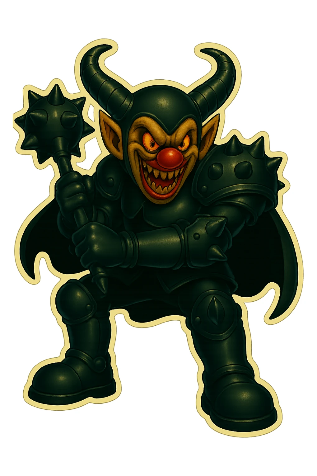 A menacing armored clown with ram horns, glossy black on matte black armor, short cape, large but not comically oversized black clown shoes, oversized spiked mace with the head hanging down in a relaxed pose, spikes on knee, elbow, and shoulder armor, glowing gold-red eyes, vibrant retro stickers style, no yellow aged tint, full body, transparent background. The clown is talking, mouth open as if speaking. sticker