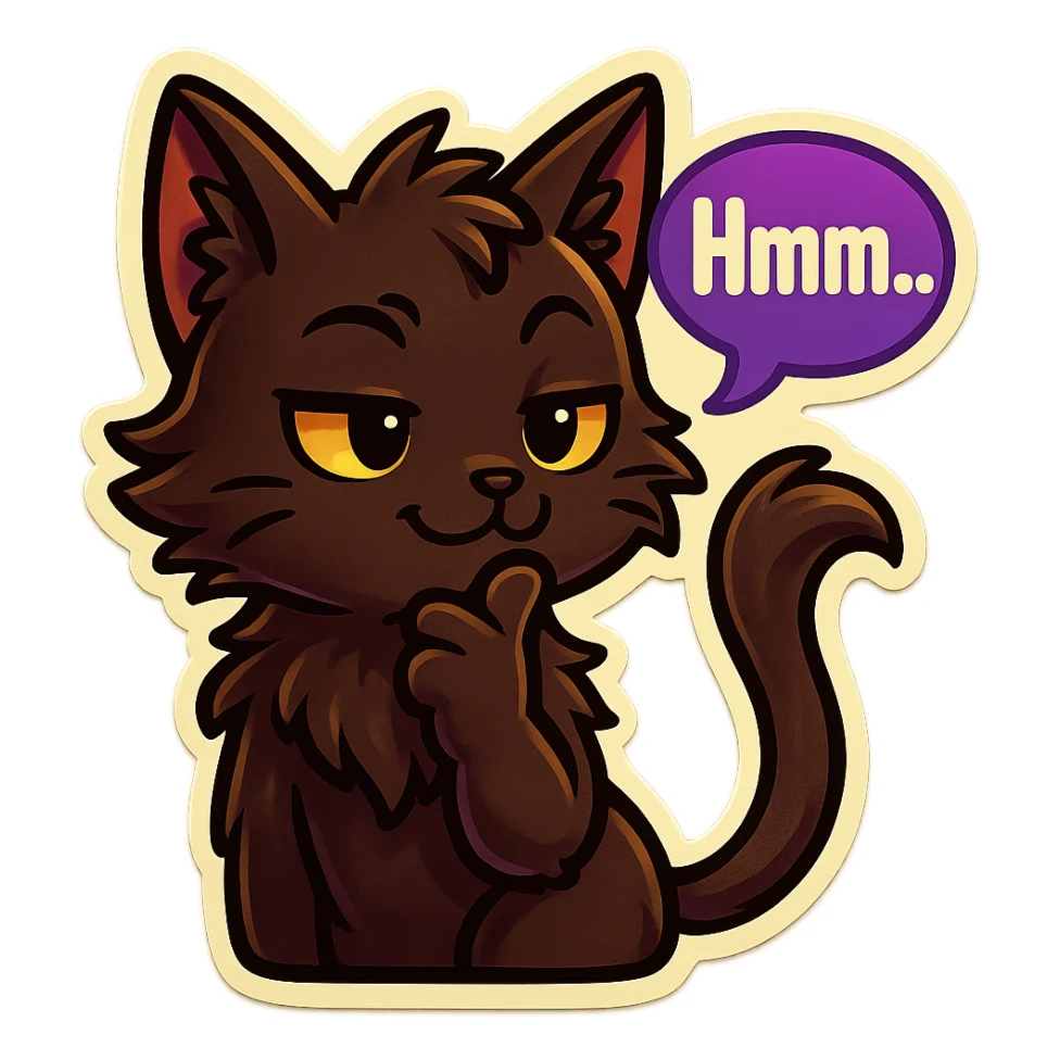 a dark-brown fluffy cute kawaii anime cat with tufted ears and a long thin tufted tail, thinking, smirking thoughtfully, saying “Hmm..” with a purple speech bubble sticker