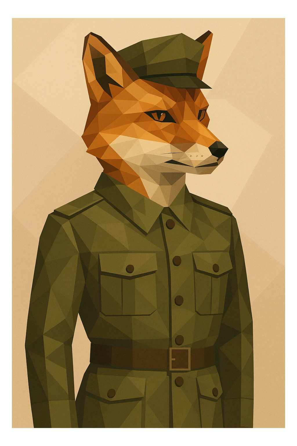 fox dressed as a soldier, in a military uniform, standing at attention, detailed fur and sharp eyes, modern illustration style sticker