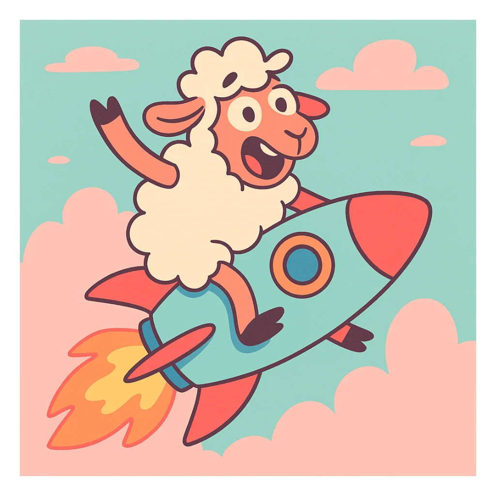 sheep flying on a rocket, pastel toon cartoon style sticker