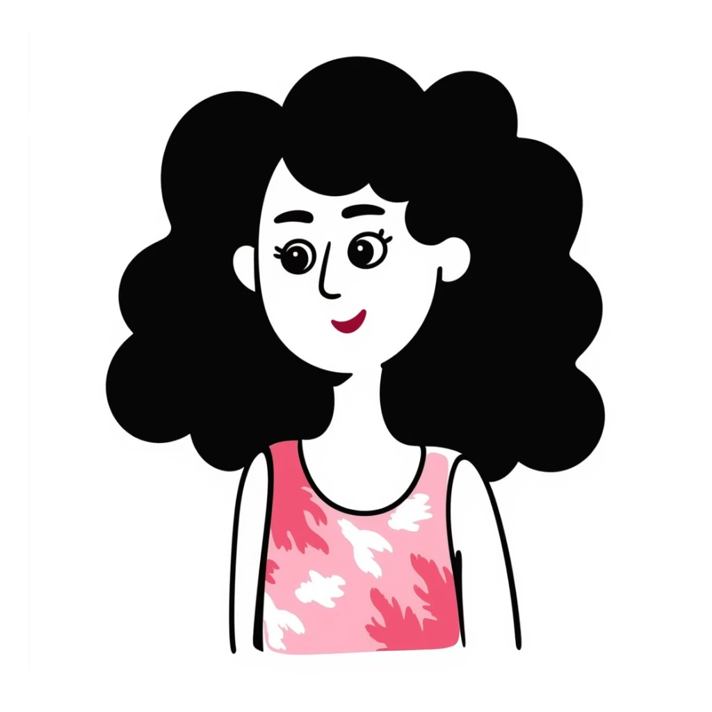Woman in her 30s with clear skin, elongated face, soft cheeks, large expressive brown eyes, natural eyebrows, defined nose, full lips with soft red lipstick, abundant dark brown curly hair, wearing pink tie-dye tank top sticker