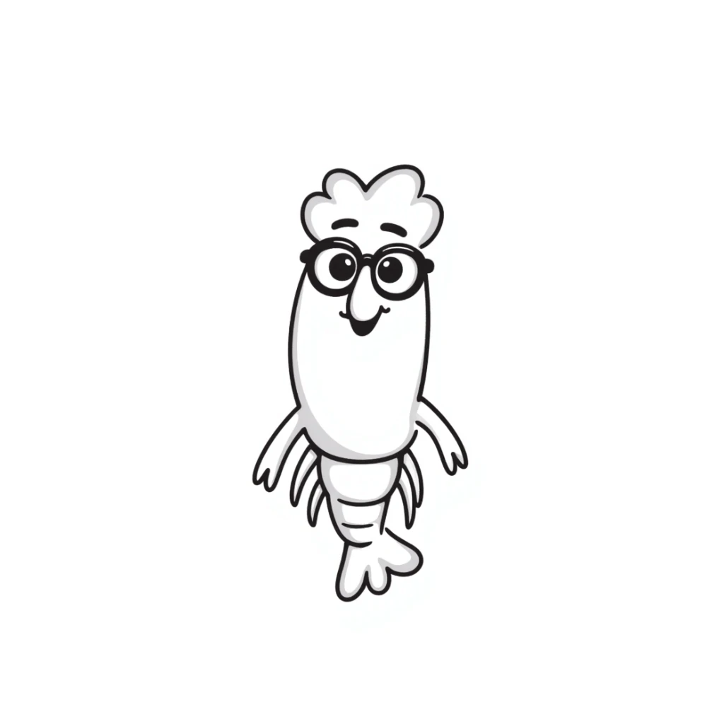 a little shrimp that is old with white hair and glasses, elderly shrimp character with white eyebrows and hair, wearing round glasses sticker